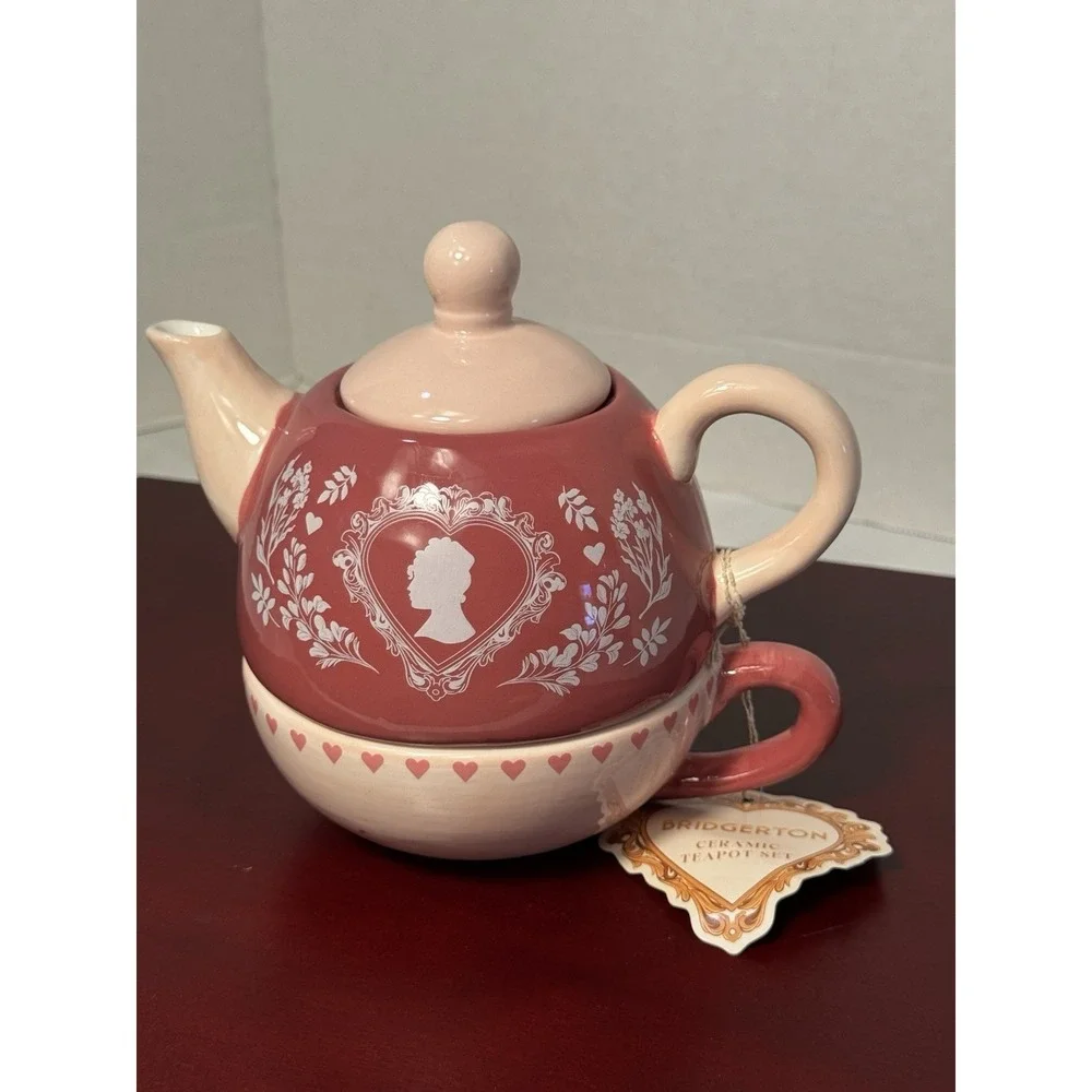 Bridgerton Limited Edition Pink Cameo Design Stacked Romantic Teapot and Cup Set